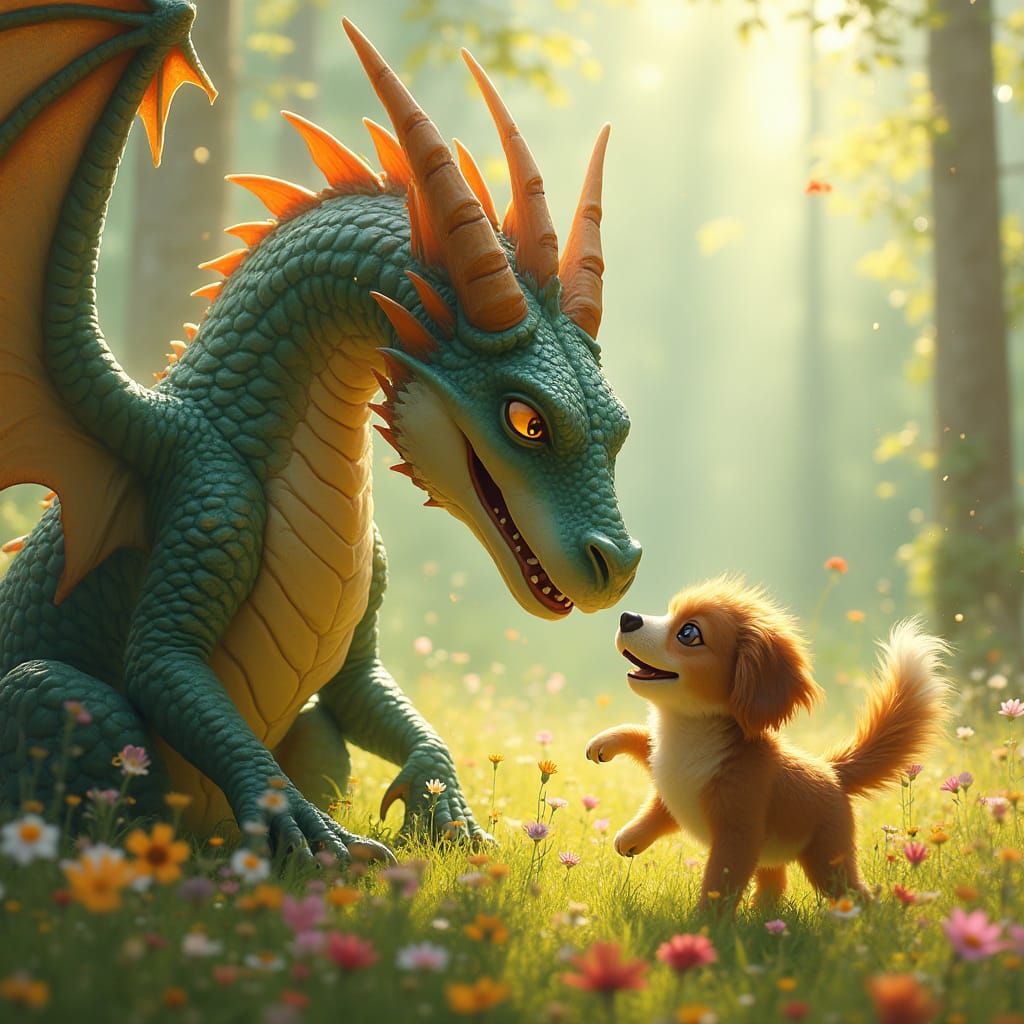Dragon and Dog Play in Vibrant Meadow