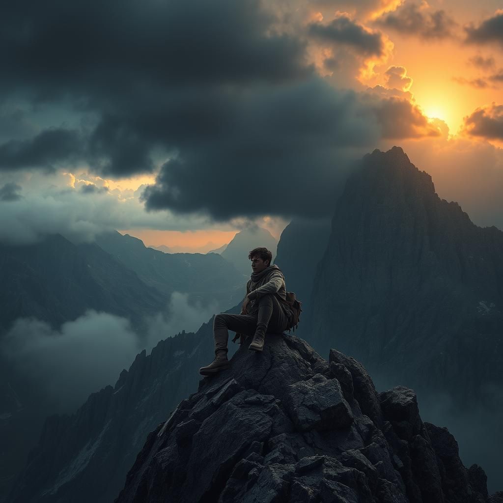 Contemplative Man on Mountain Peak at Sunset