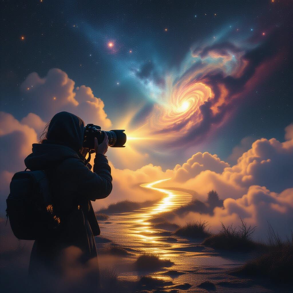 Camera Capturing Star-Filled Nebula in Dreamlike Style