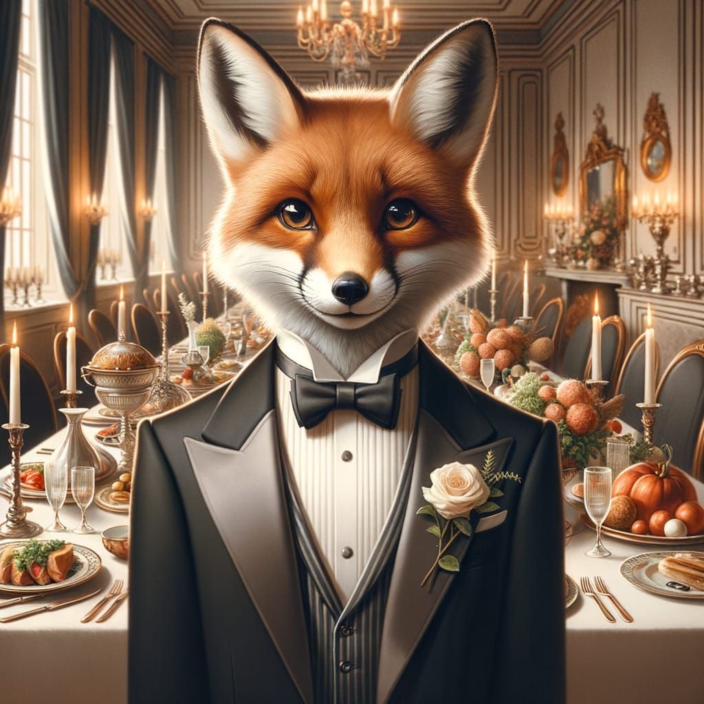 Anthropomorphic Fox in Tuxedo at Opulent Dinner Party