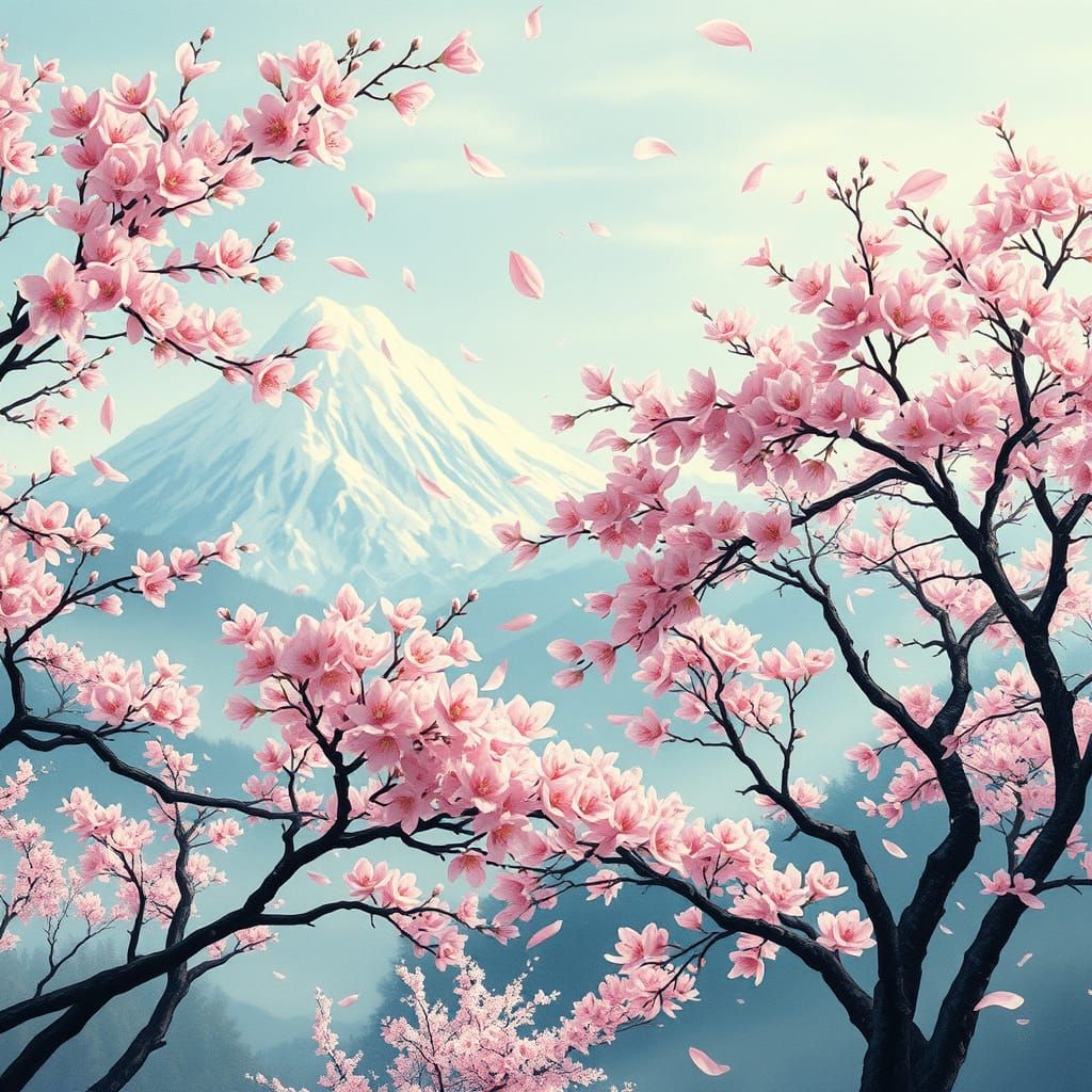 Sakura Mountains: Ethereal Spring Landscape Painting