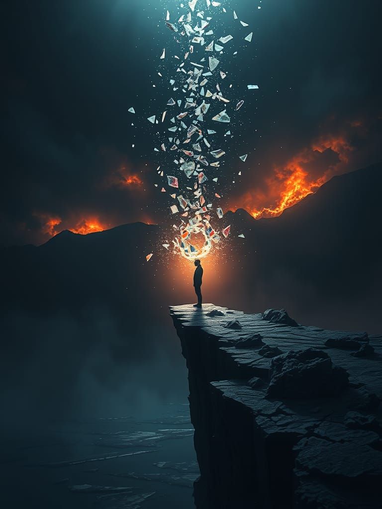 Shattered Figure on Precipice in Dramatic Lighting