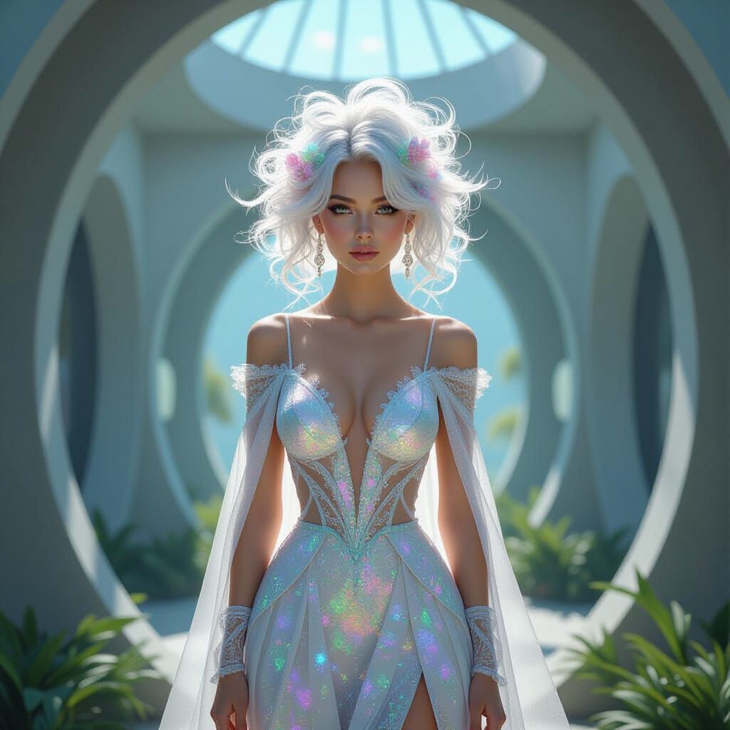Surreal Woman in Fractal Hair Amidst Organic Architecture