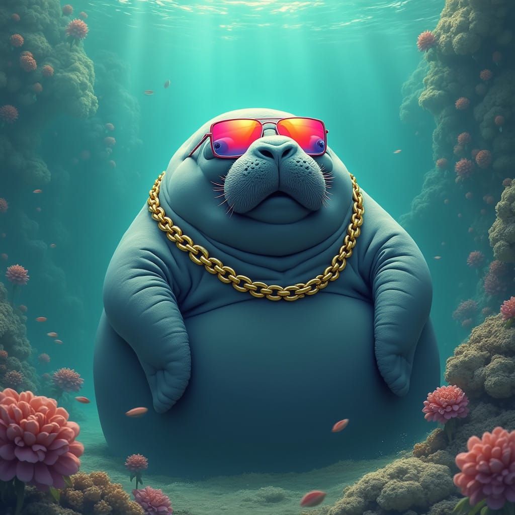 Spherical Manatee in Sunglasses, Relaxing in a Vibrant Aquat...