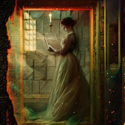 Mysterious Library: Candlelit Fantasy in Mixed Media