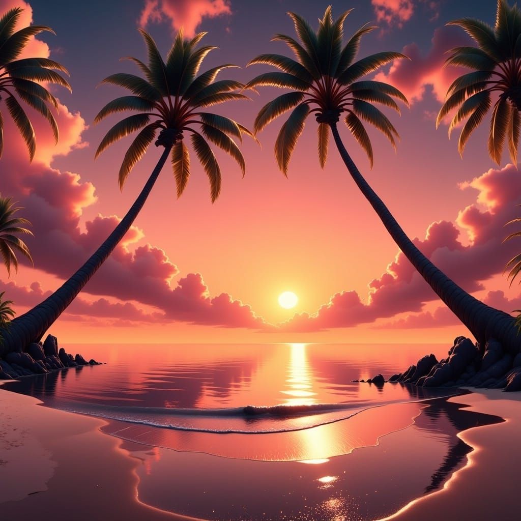 Vibrant Sunset with Palm Trees, Fantasy Concept Art