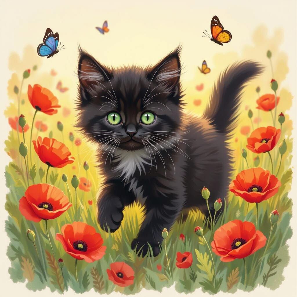 Kitten's Daydream: Black Cat in Poppy Field