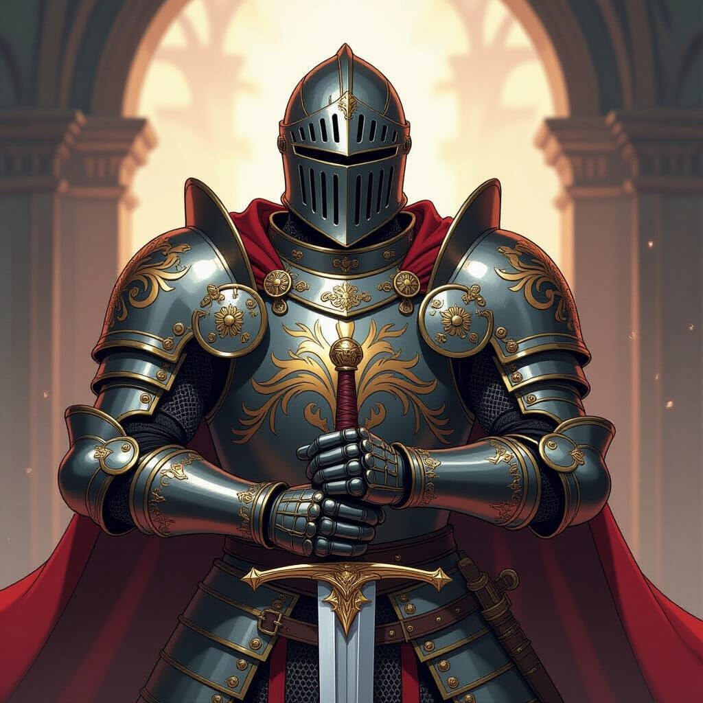 Anime Knight with Golden Armor and Longsword