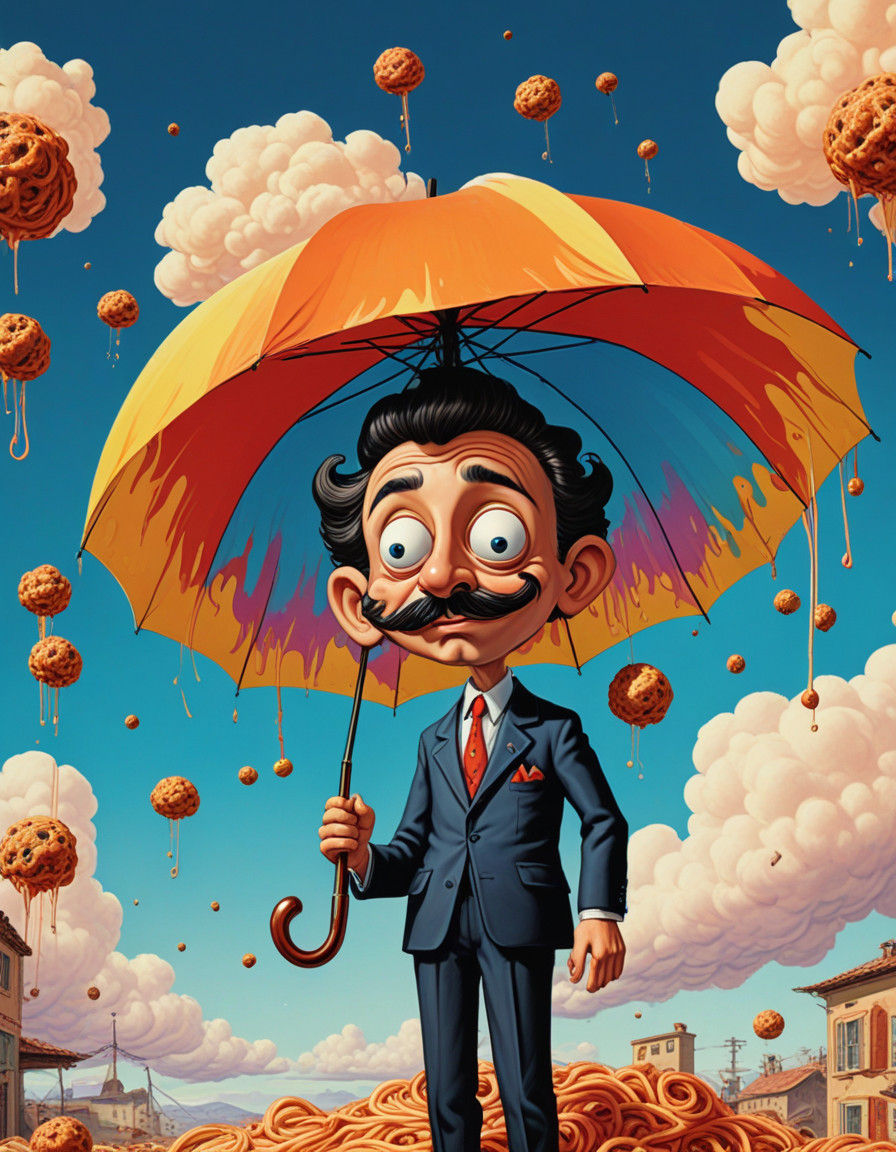 Vibrant Cartoon World with Melting Umbrella and Meatballs