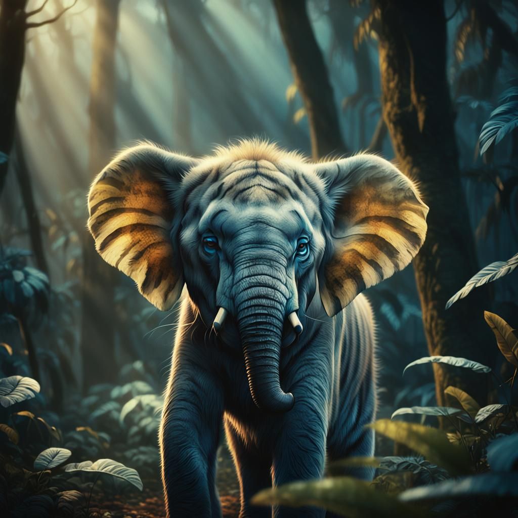 Furry Elephant-Tiger Hybrid in Misty Jungle