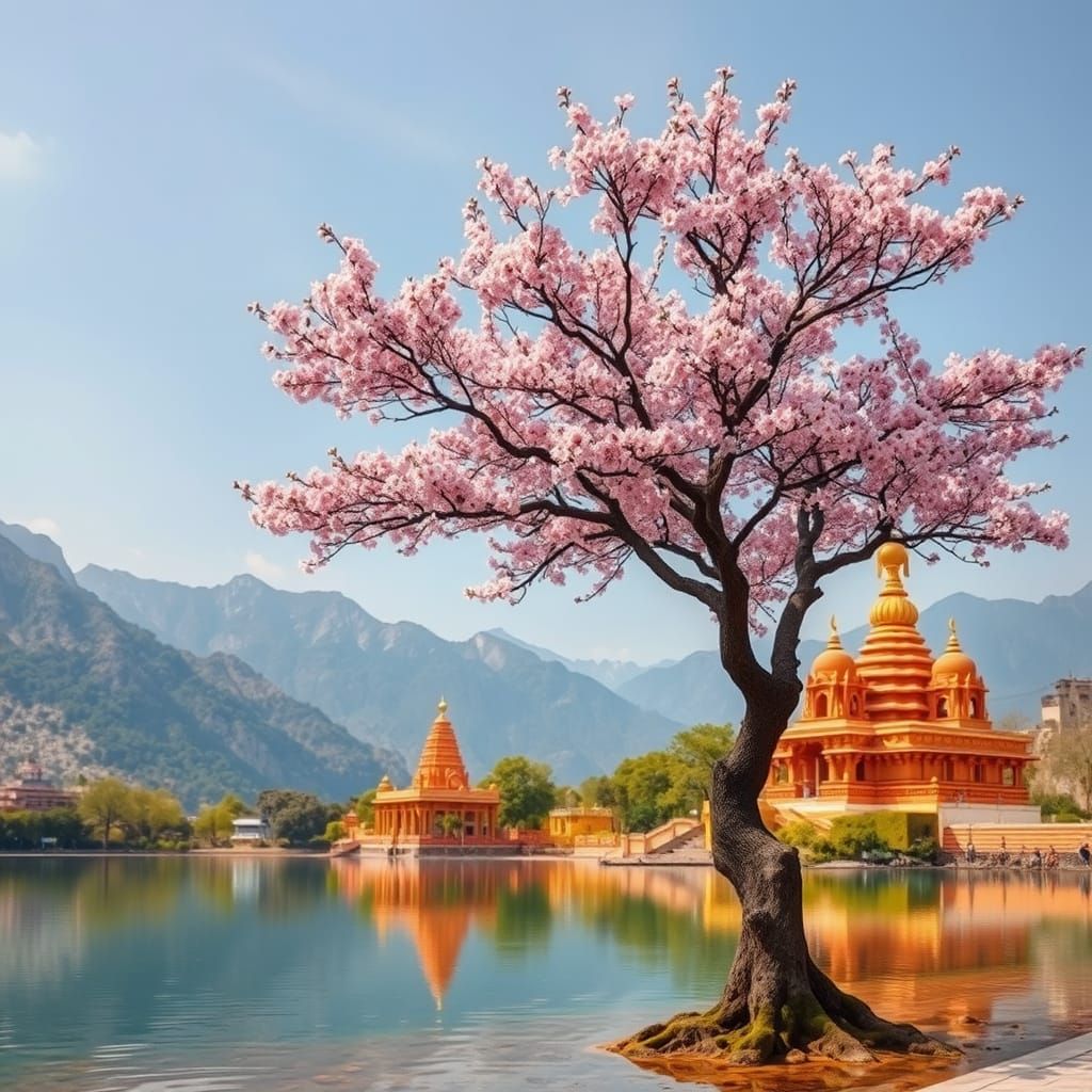 Majestic Sakura Tree in Serene Himalayan Landscape