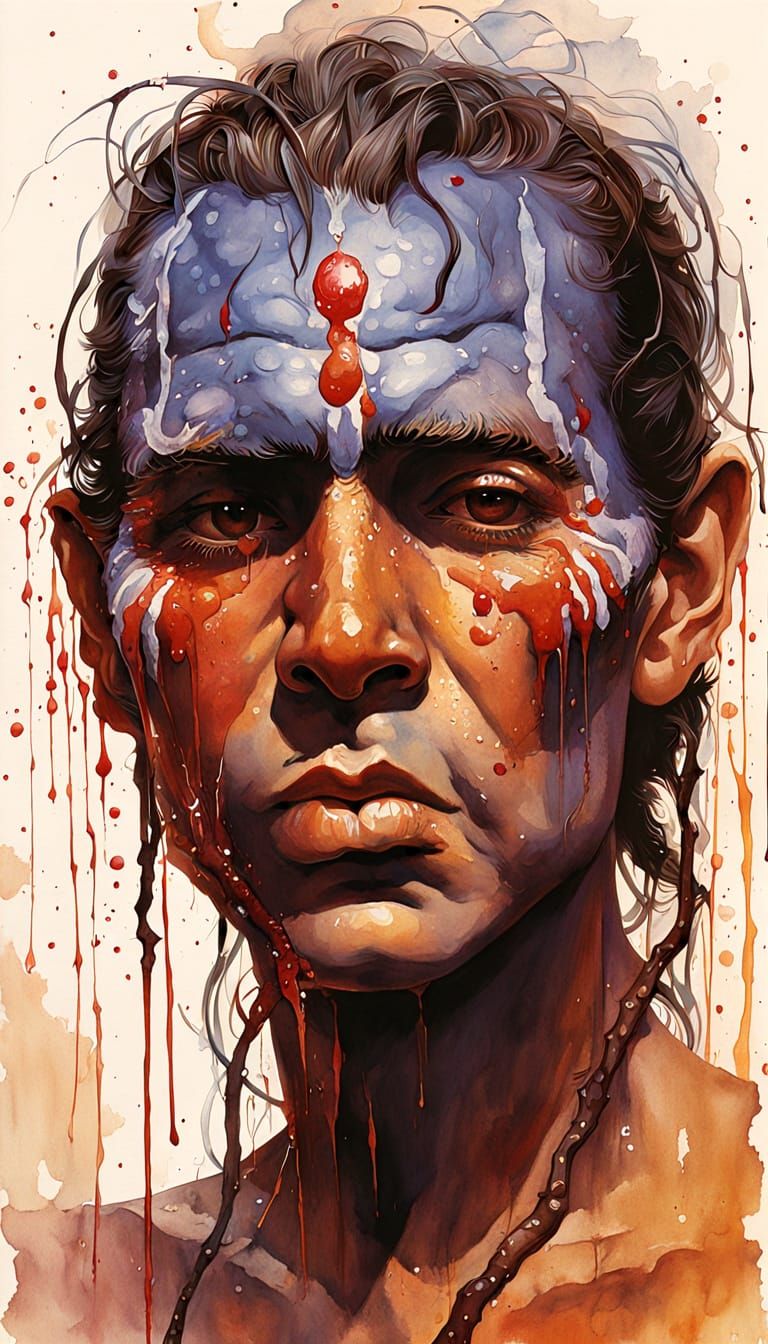 Aboriginal Face in Dripping Watercolor Style