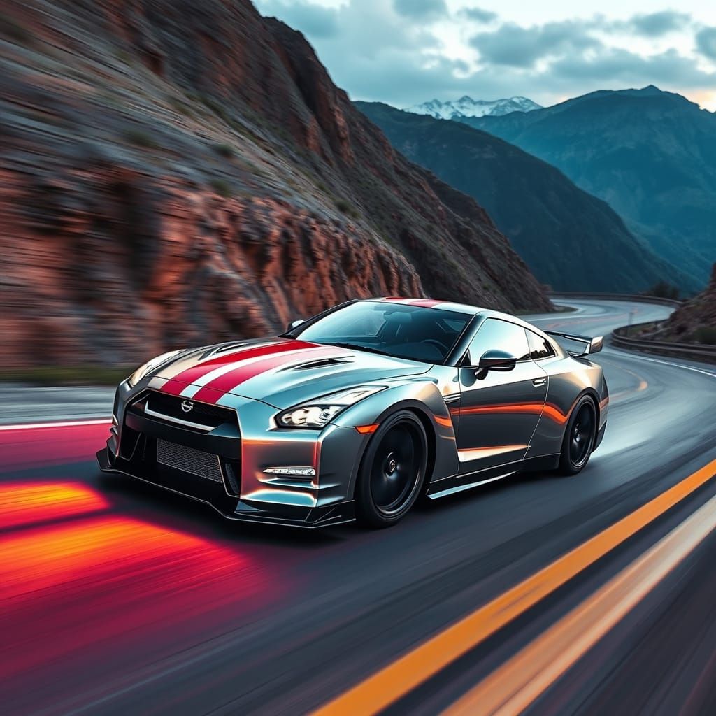 Nissan GTR Speeds Down a Winding Mountain Road in a Vibrant ...
