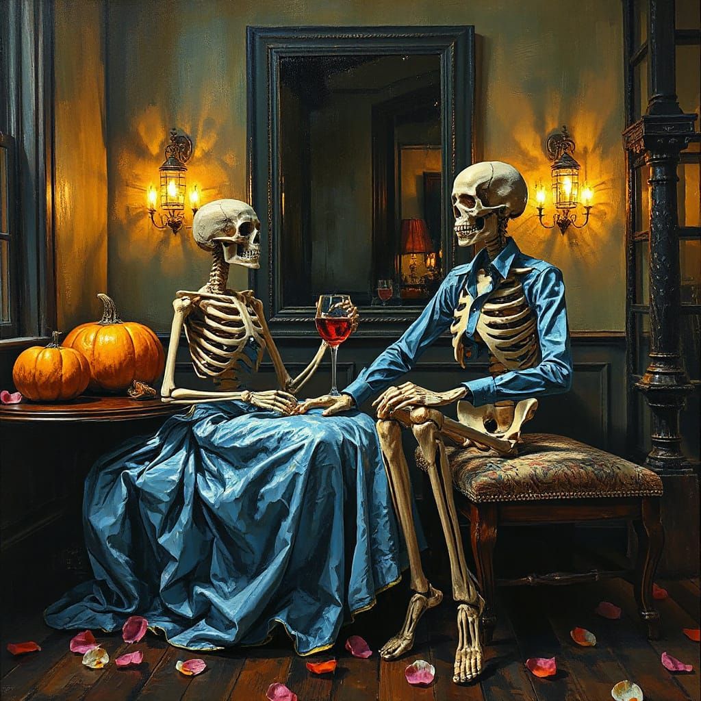 Impasto Painting of Skeletons on Valentine's Day