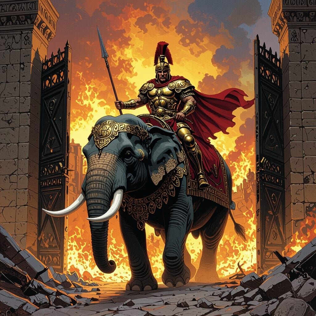 Hannibal's Elephants Sack Rome in Fantasy Art Style