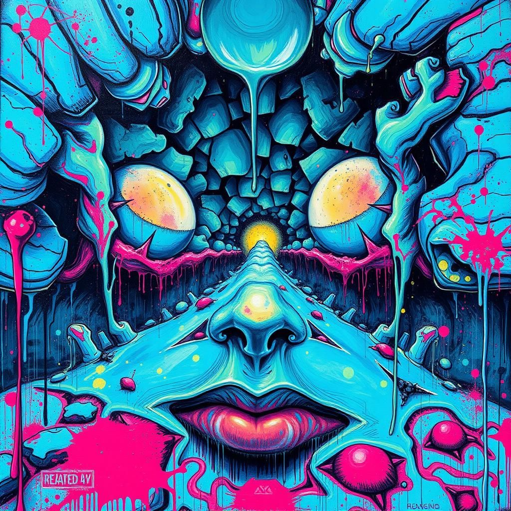 Cyan Mental Illusion: Vibrant Surreal Graffiti Art