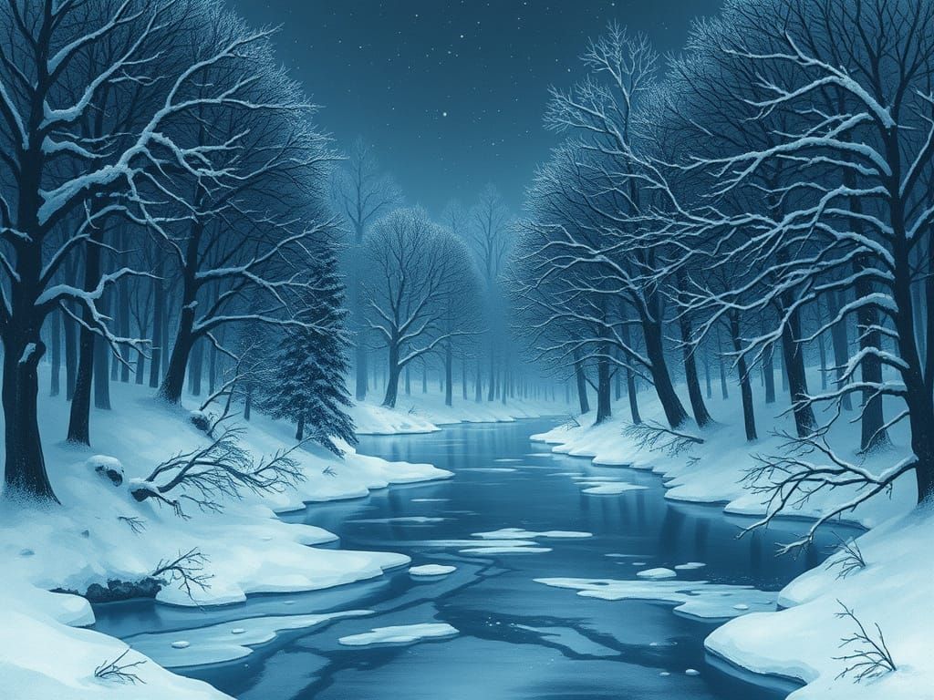 Mystical Winter River in a Makoto Shinkai-Inspired Landscape