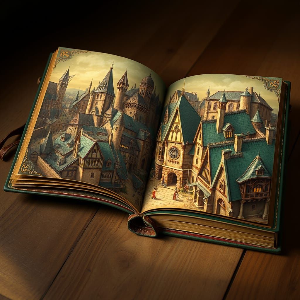 Medieval Town Unfolds from Green Fantasy Book