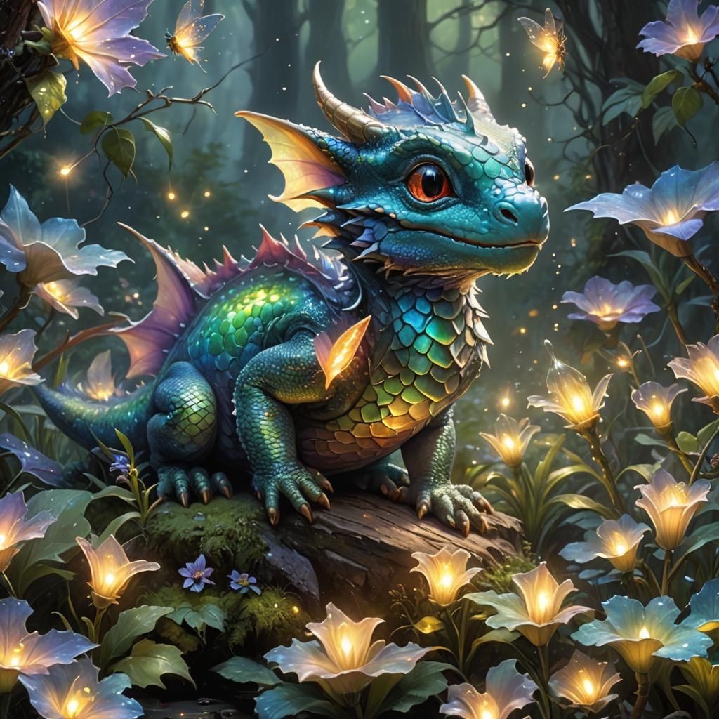 Cute Baby Dragon Hunts Fireflies in Fantasy Scene