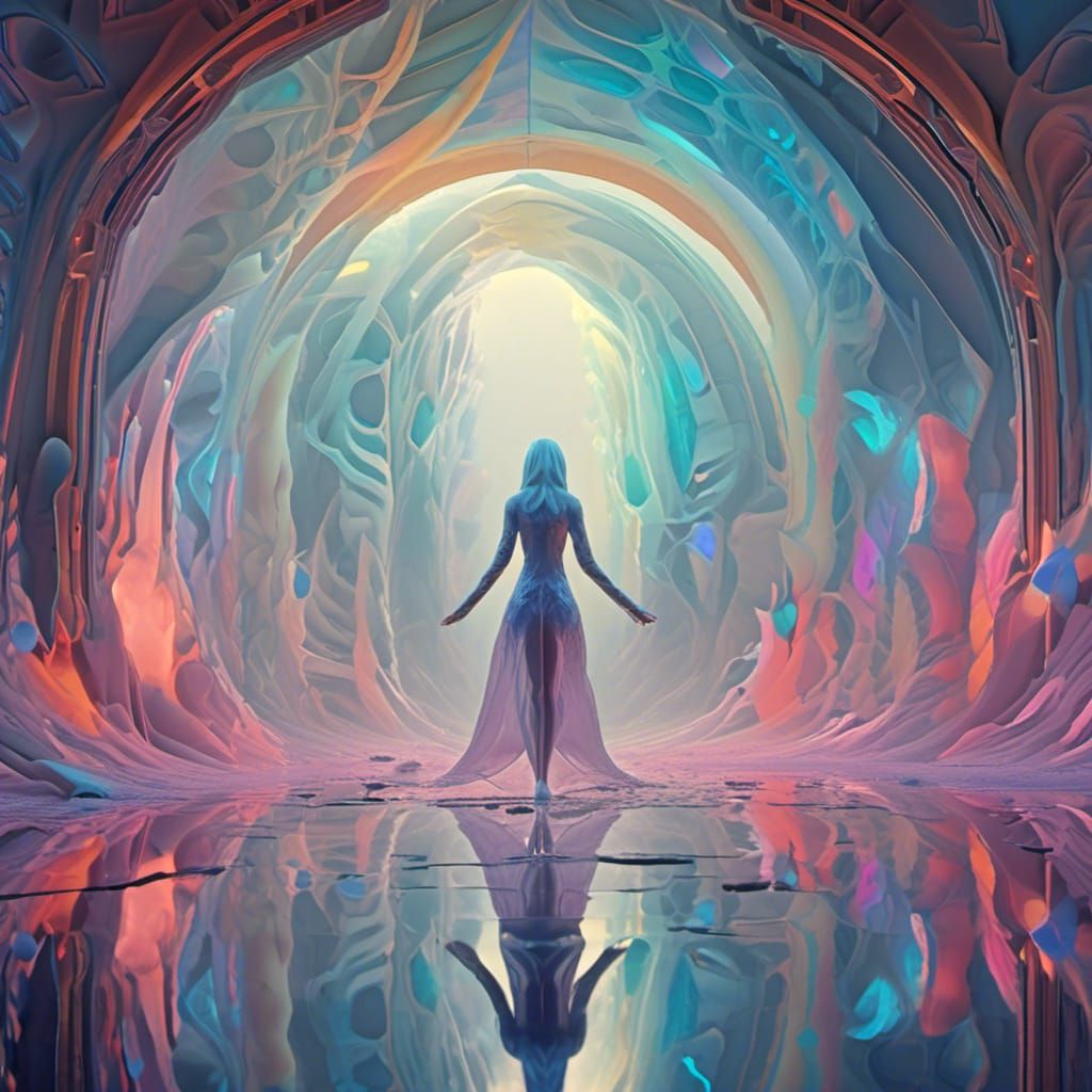 Ethereal Woman Enters Alien World: Cubist Cell-Shaded Art