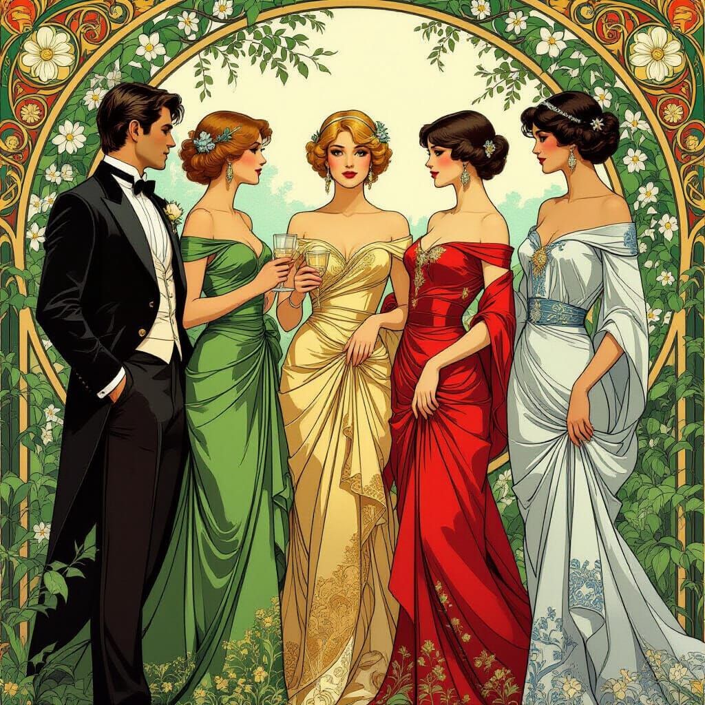 Elegant Figures in Lush Greenery, Art Nouveau Style