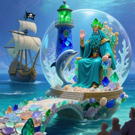 Sea Glass Sculptures of Pirates and Sea King