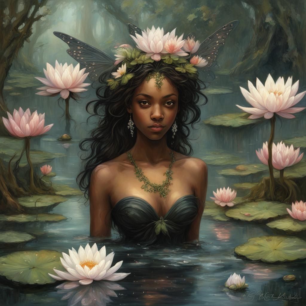 Black Fairy Bathing in Pond, Digital Art