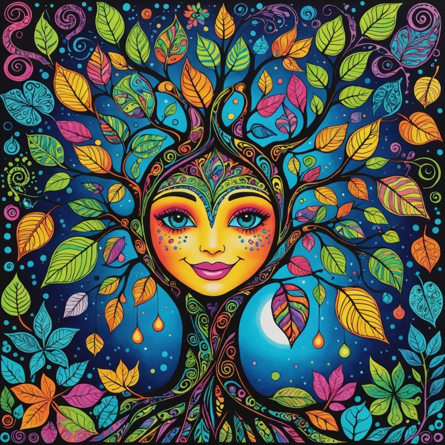 Bioluminescent Zentangle Tree with Smiling Leaves