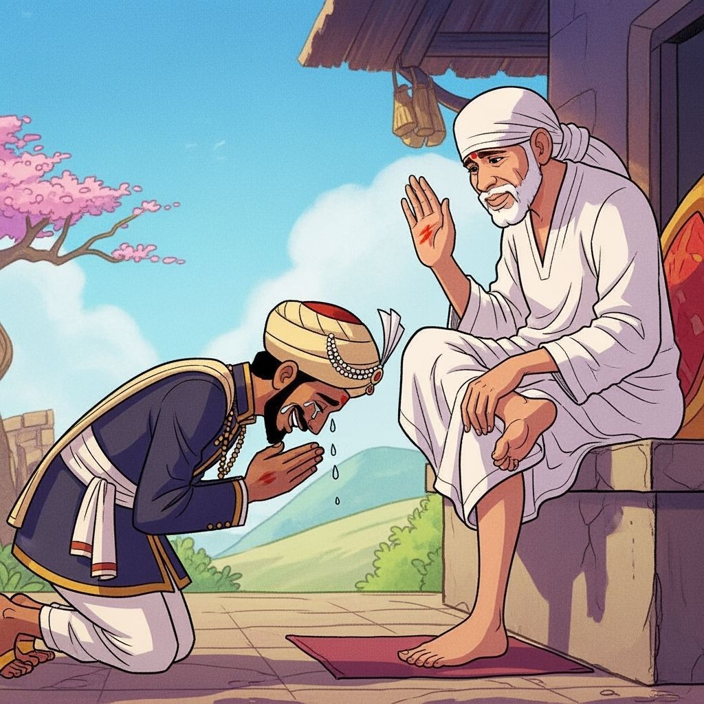 Merchant Bows to Sai Baba: Colorful Cartoon Illustration