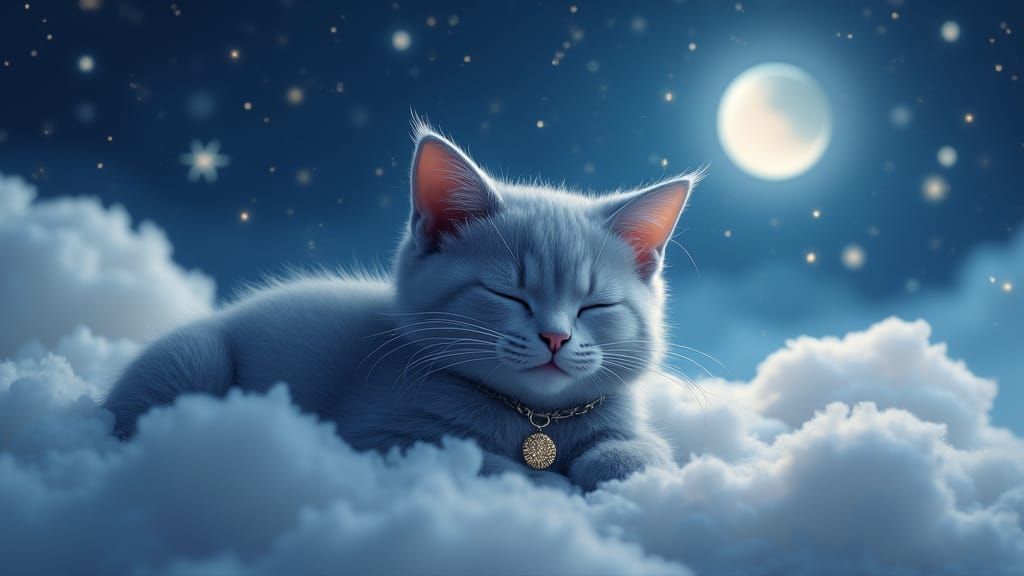 Russian Blue Cat Dreams Under a Starry Sky