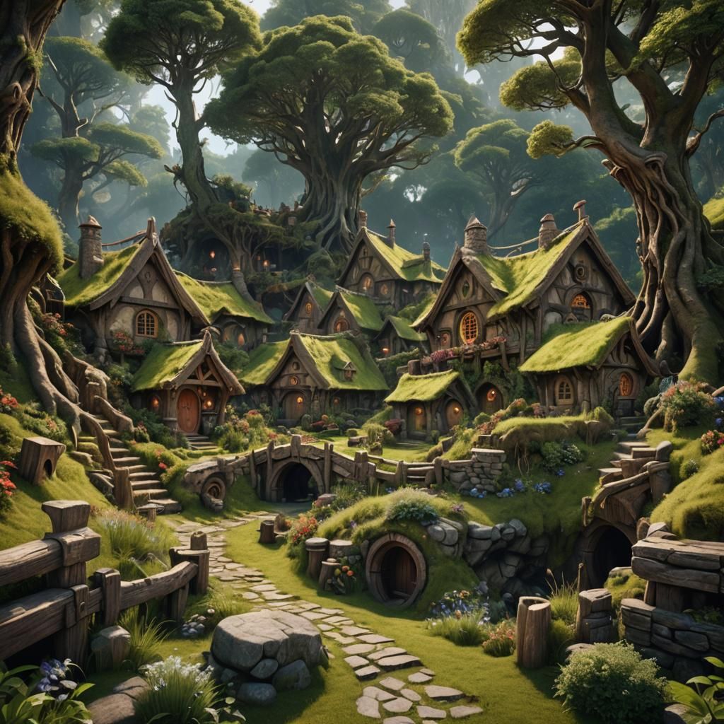 Hobbit Village in Forest: Detailed Matte Painting