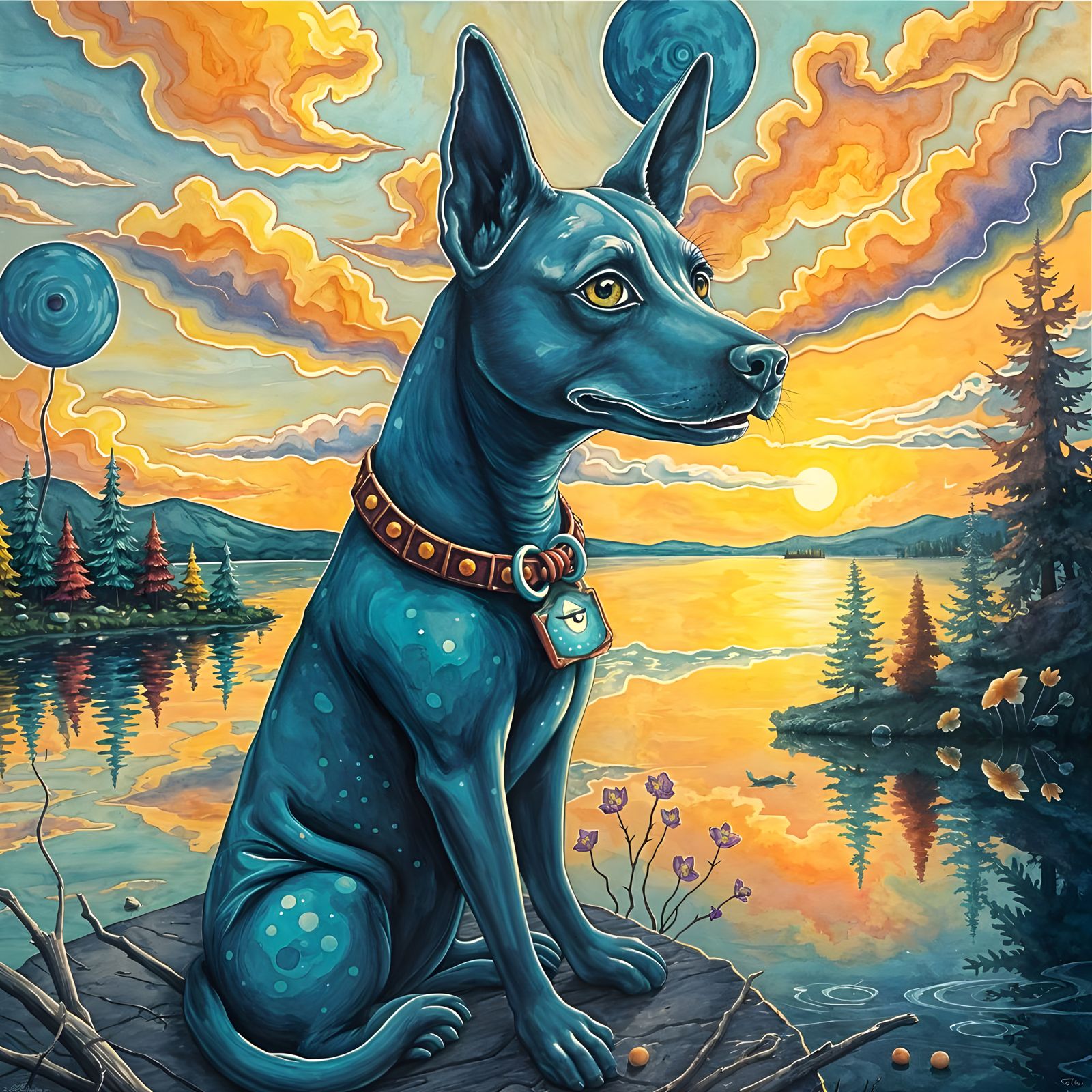 Blue Dog on Surreal Lakefront in Autumn Colors