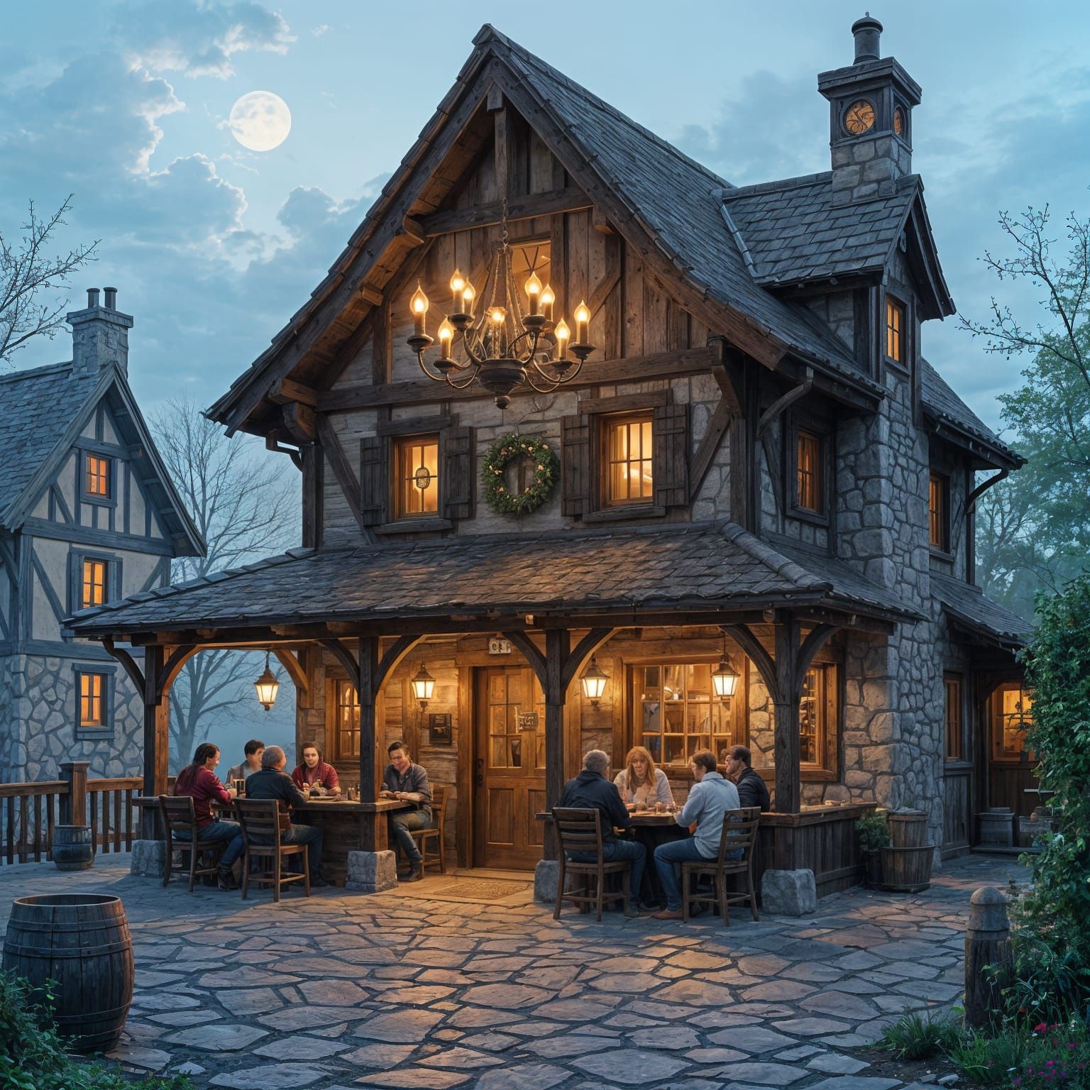 Welcoming Tavern with Roaring Fire and Chandelier