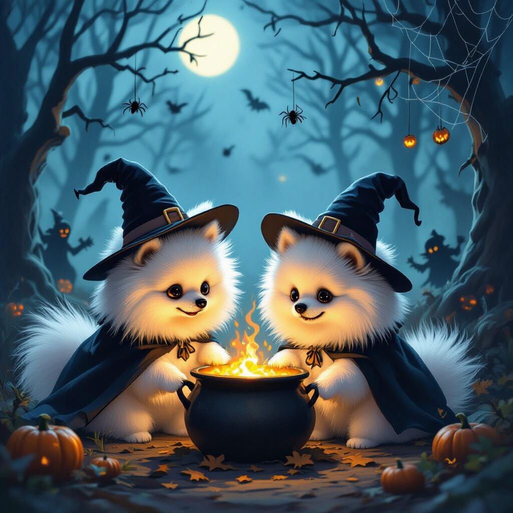 Witch Pomeranians Trick-or-Treating with Ghouls
