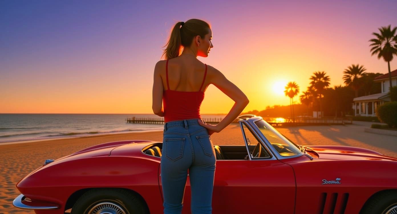 Woman in Red Corvette on California Beach at Sunset