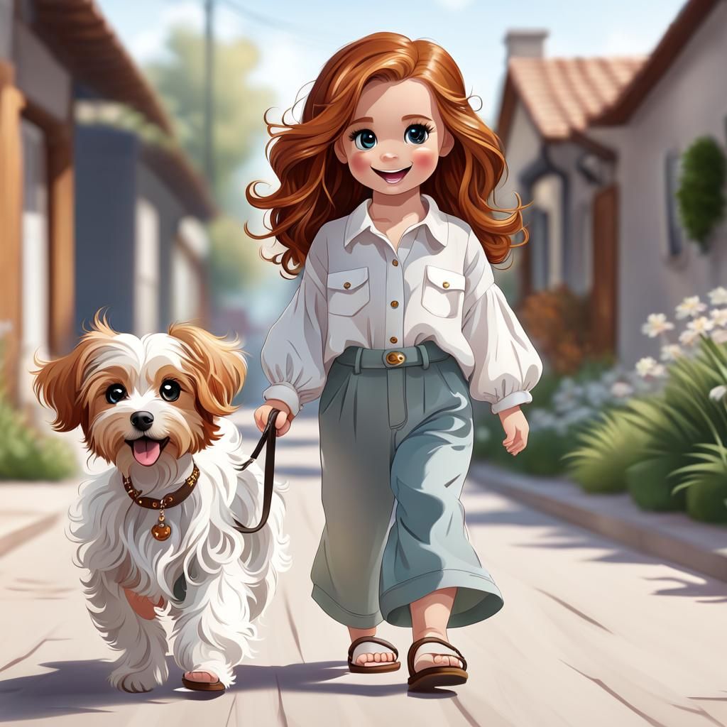 Cute Ginger Toddler with Maltese Dog Cartoon