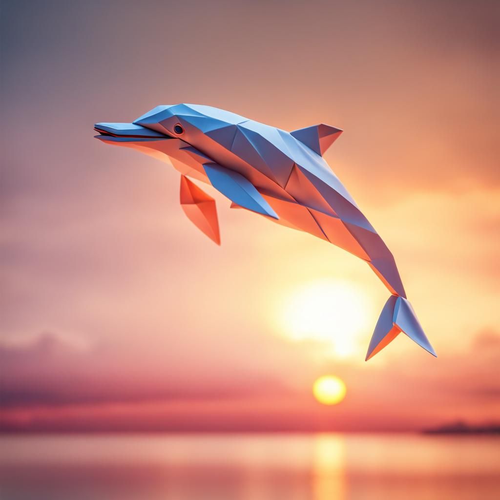 Origami Dolphin Leaps at Sunset in Papercraft Style