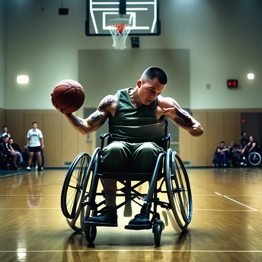 Marine Veteran Playing Basketball: Cinematic Film Still