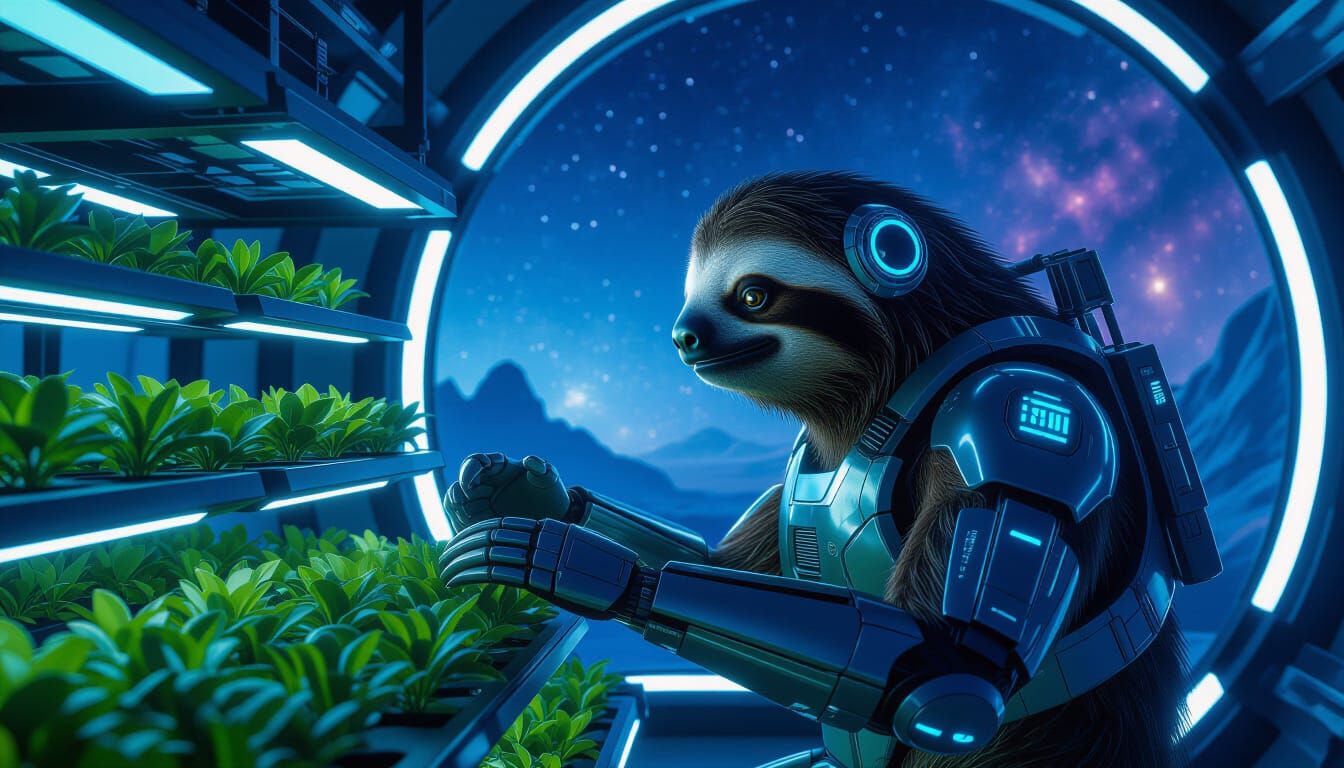 Cybernetic Sloth Tends Futuristic Hydroponic Farm on Alien P...