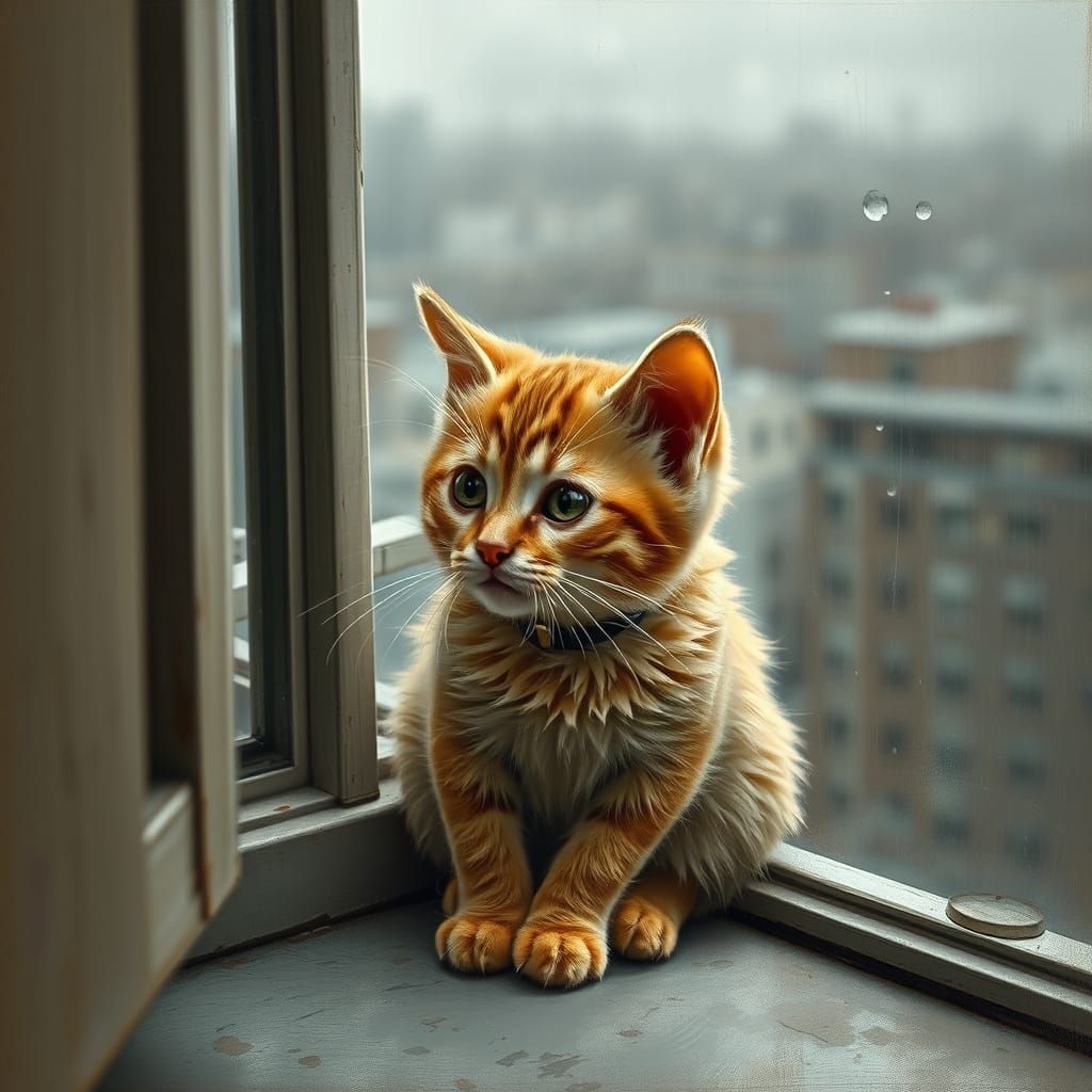 Ginger Kitten Gazing at Rain-soaked Cityscape