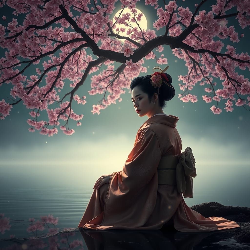 Geisha Under Sakura Tree in Ethereal Moonlight