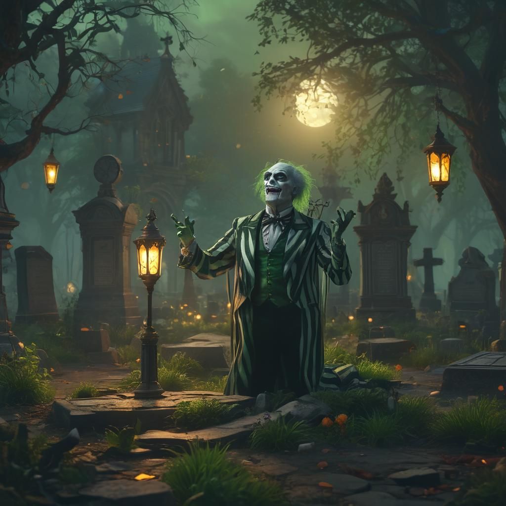 Beetlejuice Laughing in Haunted Cemetery: Fantasy Illustrati...