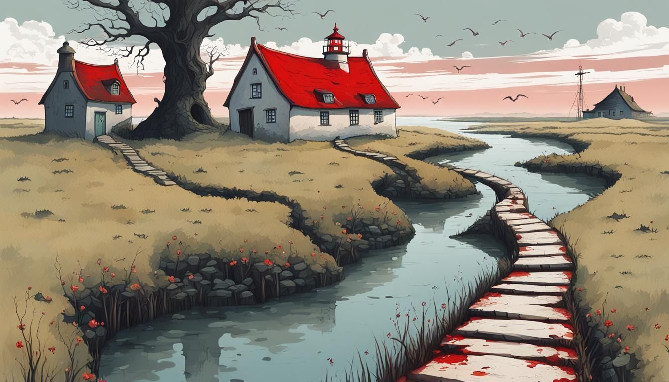 Hellish Crack in Village with Lighthouse, Horror Art