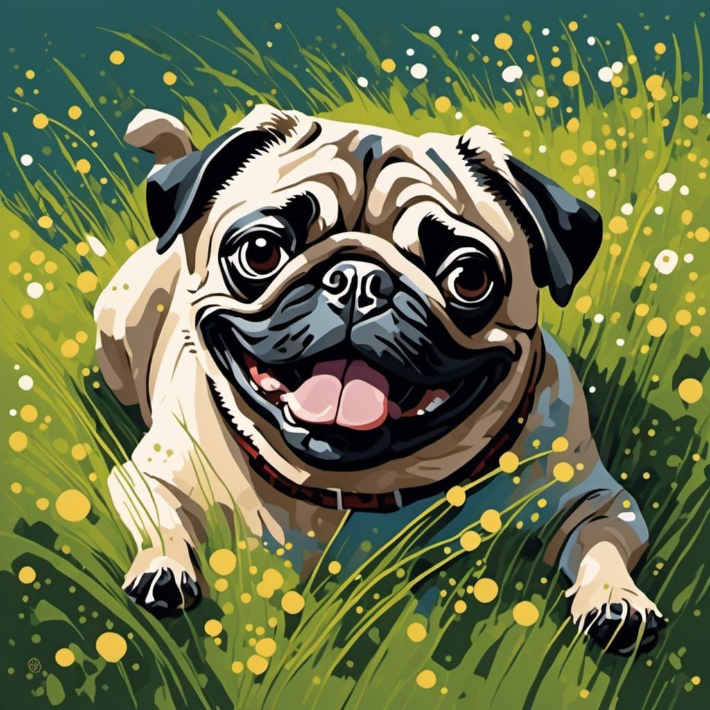 Happy Pug Rolling in Grass Portrait