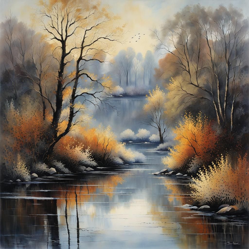 Still Winter Riverscape Reflections in Art Brut Style