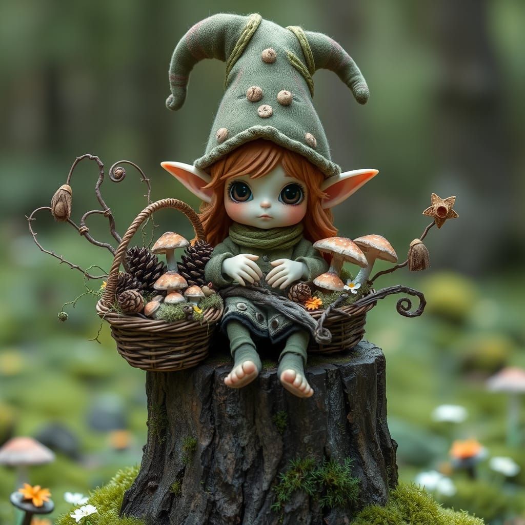 Surreal Forest Elf with Basket of Cones