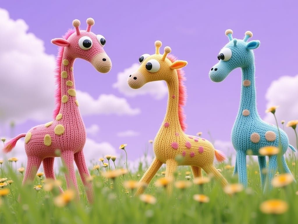Knitted Giraffes in Dreamcore Pixar Style