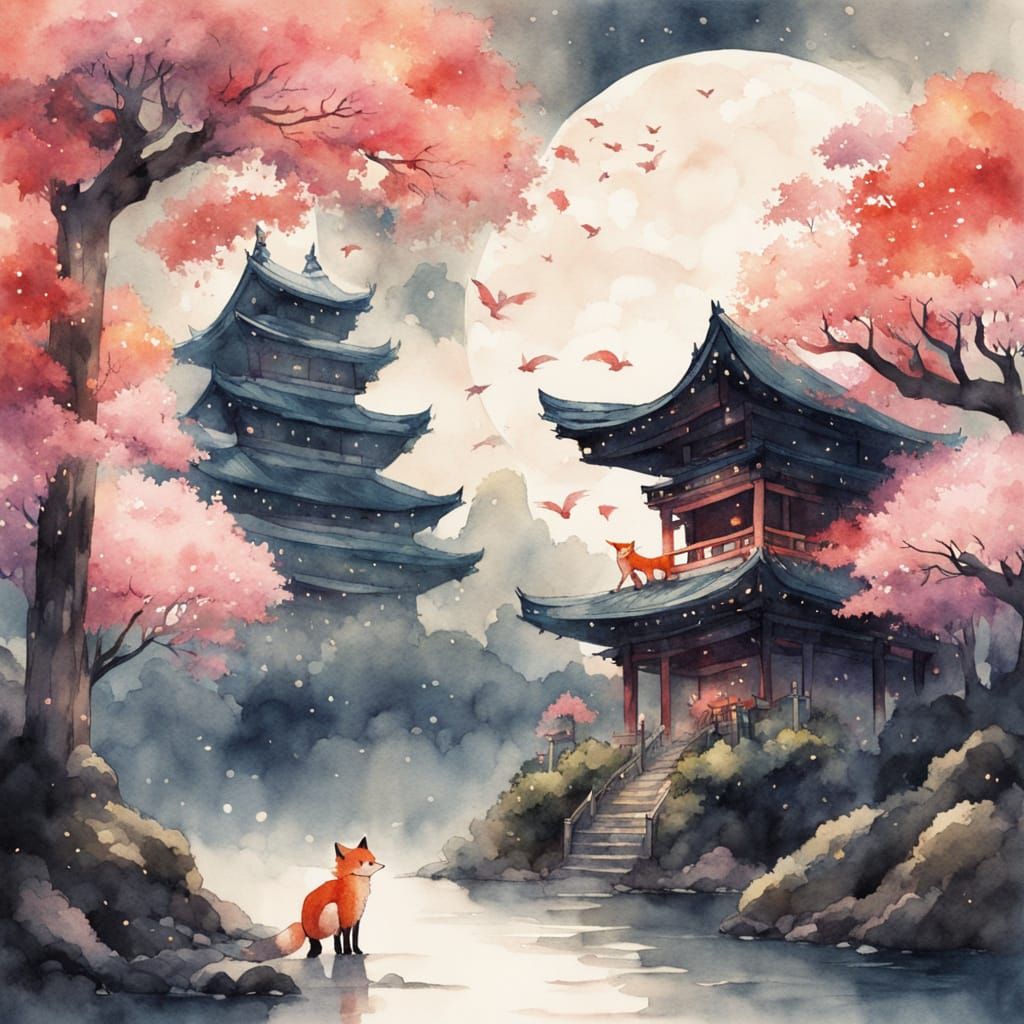 Ghibli-Inspired Nine-Tailed Fox in Cherry Blossom Forest