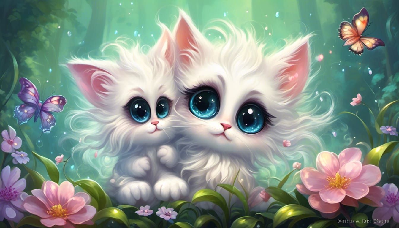 <lora:Pearls and nacre 2:1.0>  Cute fluffy Chibi Cats big ey...