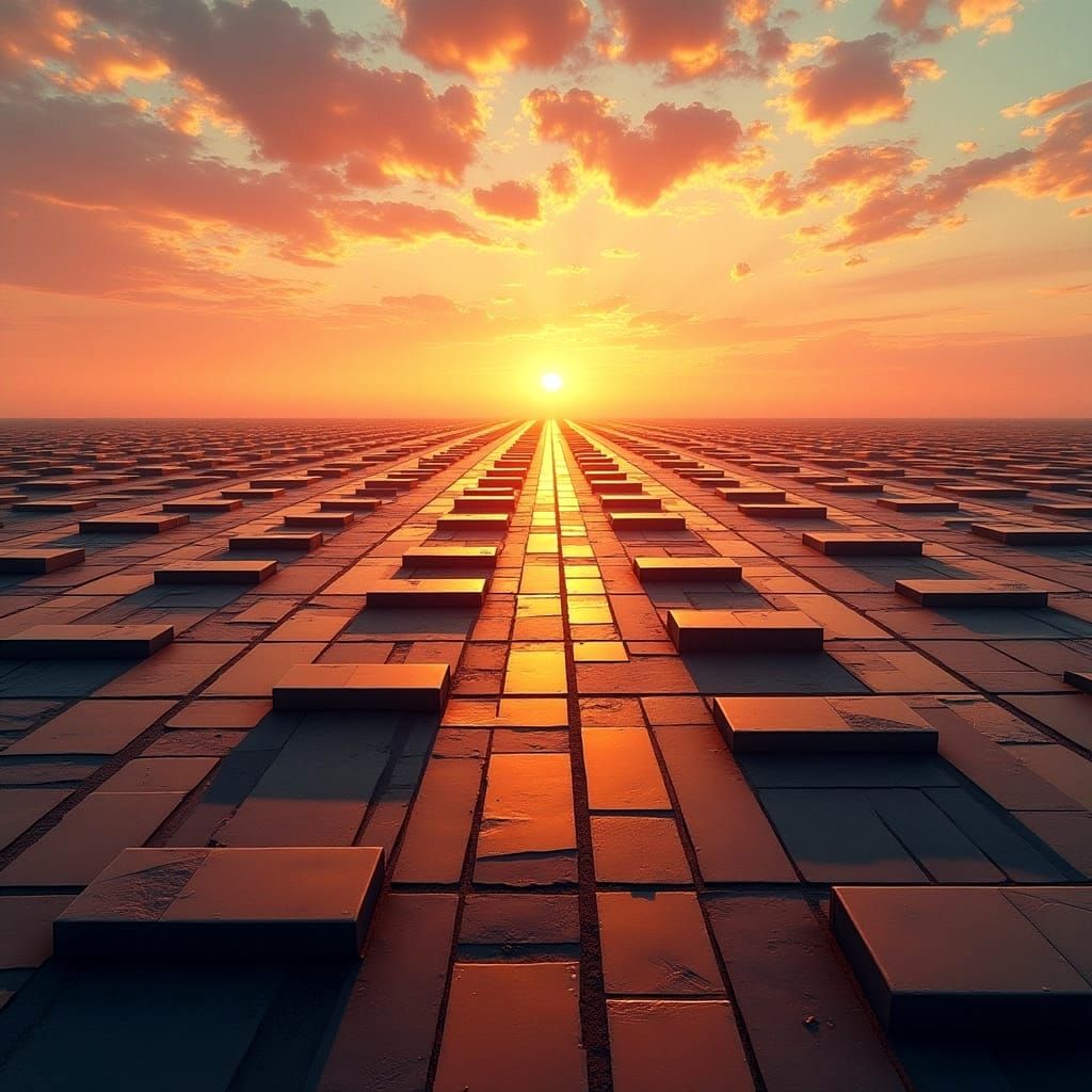 Surreal Geometric Landscape Under Golden Hour